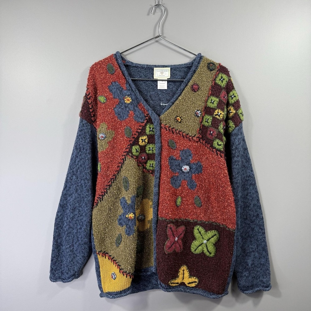 Susan Bristol Sweater Womens Medium Multicolor Floral Patchwork Embroidered Knit